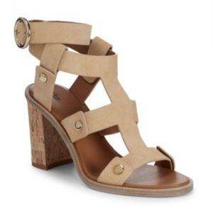 NEW Frye Nina Rivet cork beige suede heels 7.5, goes with everything